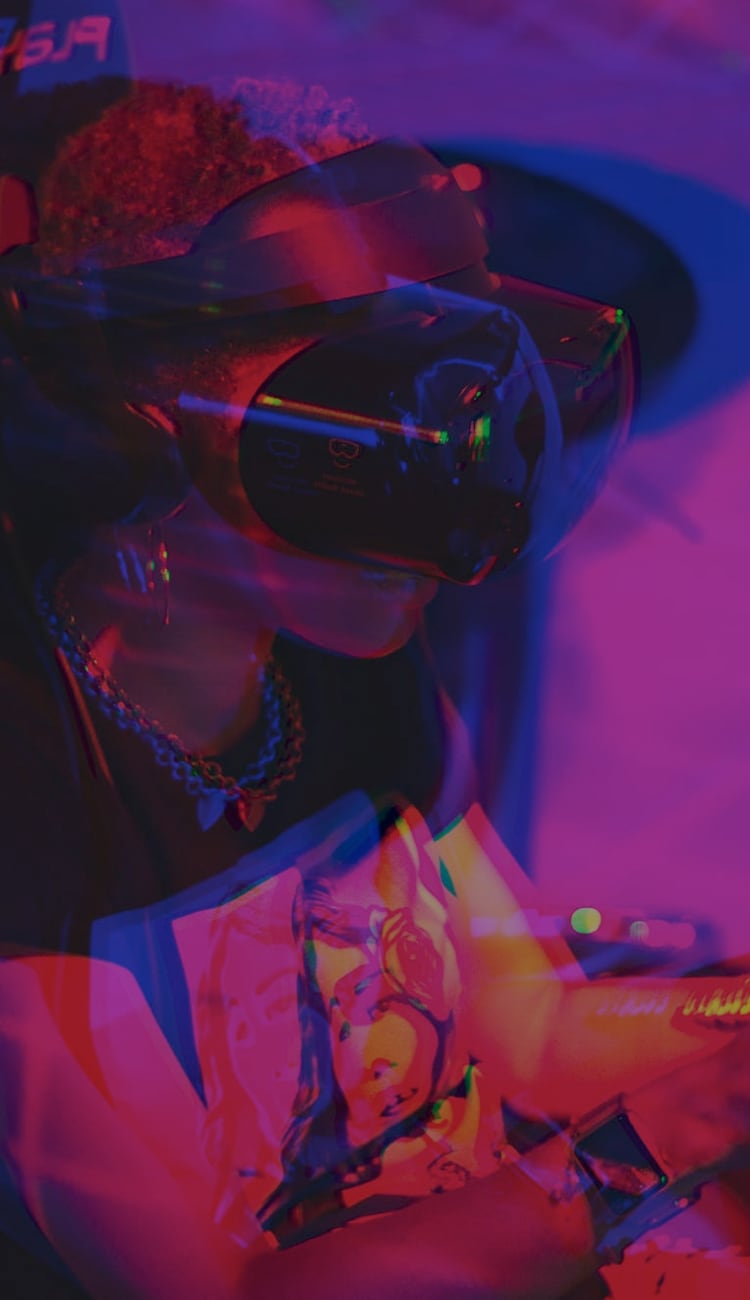 Girl playing racing game with VR googles